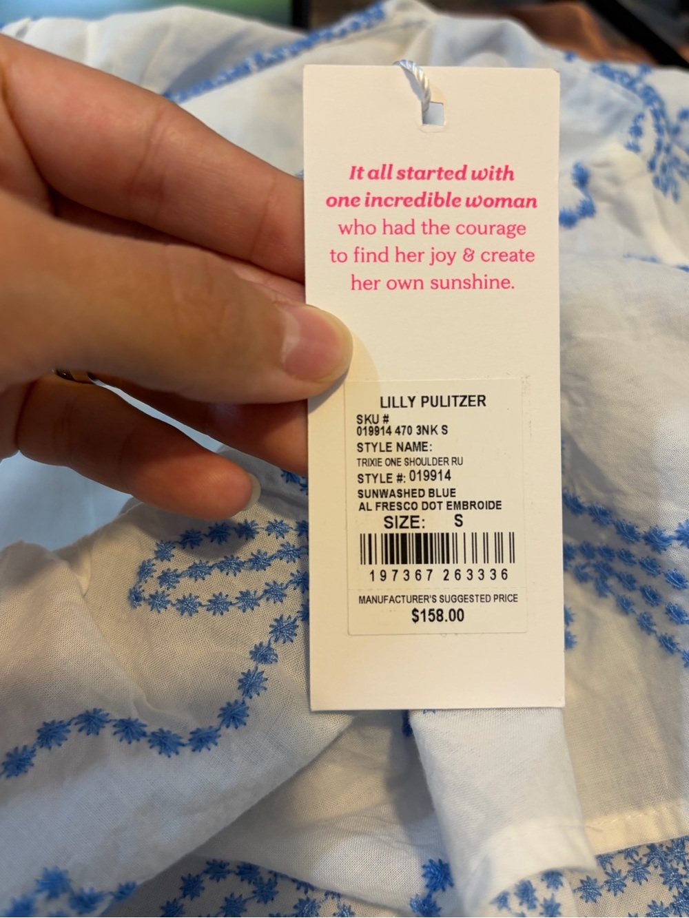 NWT Lilly Pulitzer One Shoulder Ruffle Embroidered Floral Top White/Blue S - Picture 5 of 5